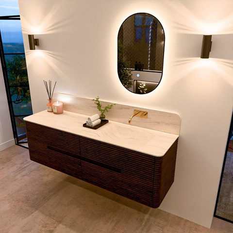 Mondiaz CIRO-DLUX Ensemble de meubles de salle de bains - 160x45x50cm - plan-vasque solid surface Meli - 1 lavabo à droite - sans trous de robinet - 4 tiroirs - Noyer SW1530533