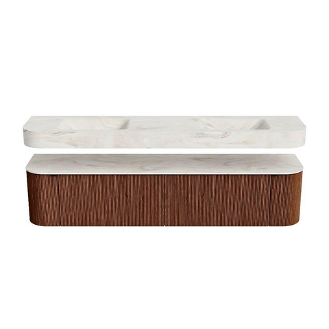 MONDIAZ THOR-DLUX 200cm meuble de salle de bains arrondi gauche + droite couleur Ruby avec 2 tiroirs et 2 portes. Vasque suspendue CLOUD Double sans trou de robinet couleur Ostra. SW1466918