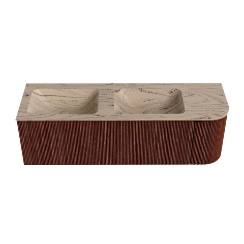 MONDIAZ KURVE-DLUX meuble de salle de bains 145cm arrondi droit couleur Ruby avec 1 tiroir et 1 porte. Vasque LEAF Double / Gauche sans trou de robinet Arena. SW1431523