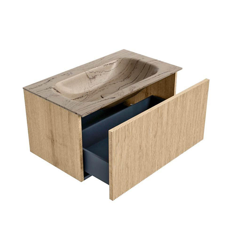 MONDIAZ KURVE-DLUX Meuble de salle de bains 80 cm couleur chêne avec 1 tiroir et 0 porte. Lavabo BIG SMALL Central 1 trou de robinet Arena. SW1431095