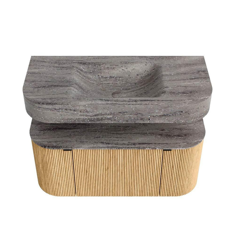 MONDIAZ THOR-DLUX 100cm meuble de salle de bains arrondi gauche + droite couleur Oak avec 1 tiroir et 2 portes. Vasque suspendue CLOUD Milieu sans trou de robinet couleur Oza. SW1467570
