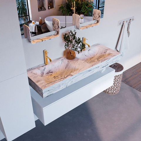 Mondiaz ALAN-DLUX Ensemble de meuble - 130cm - meuble Talc mat - 1 tiroir - Lavabo Cloud Glace suspendu - vasque Gauche et droite - 2 trous de robinet SW805094