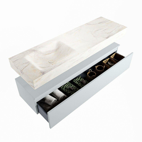 Mondiaz ALAN-DLUX Ensemble de meuble - 150cm - meuble Clay mat - 1 tiroir - Lavabo Cloud Ostra suspendu - vasque Gauche - 1 trou de robinet SW807571