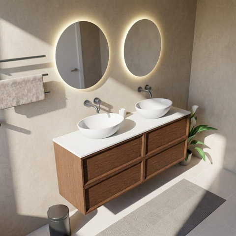 Saniclass Holz Frame Badkamermeubelset - 160x45x62.5cm - Torino solid surface topblad wit - zonder kraangat - 4 lades - mat walnut pure (hout) SW1580024