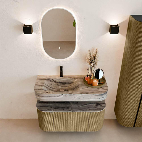 MONDIAZ THOR-DLUX 100cm meuble de salle de bains arrondi gauche + droite couleur Dusk avec 1 tiroir et 2 portes. Vasque suspendue CLOUD Gauche 1 trou de robinet couleur Sombra. SW1467623