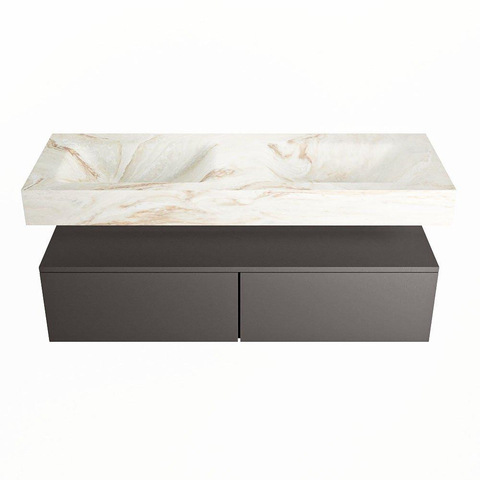 Mondiaz ALAN-DLUX Ensemble de meuble - 130cm - meuble Dark grey mat - 2 tiroirs - Lavabo Cloud Frappe suspendu - vasque Gauche et droite - 2 trous de robinet SW805053