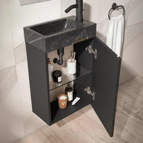 Saniclass Chaci Toiletmeubelset - 40x65cm - 1 deur - 1 kraangat - rechts - fontein natuursteen donker - mat zwart SW1482367