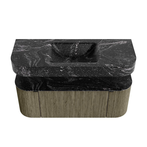 MONDIAZ THOR-DLUX 120cm meuble de salle de bains arrondi gauche + droite couleur Shadow avec 1 tiroir et 2 portes. Vasque suspendue CLOUD Milieu 1 trou de robinet couleur Lava. SW1463151