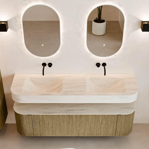 MONDIAZ THOR-DLUX 160cm meuble de salle de bains arrondi gauche + droite couleur Dusk avec 1 tiroir et 2 portes. Vasque suspendue CLOUD Double sans trou de robinet couleur Meli. SW1465147