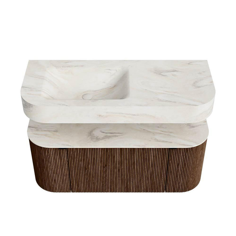 MONDIAZ THOR-DLUX 110cm meuble de salle de bains arrondi gauche + droite couleur Walnut avec 1 tiroir et 2 portes. Vasque suspendue CLOUD Gauche 1 trou de robinet couleur Ostra. SW1462768