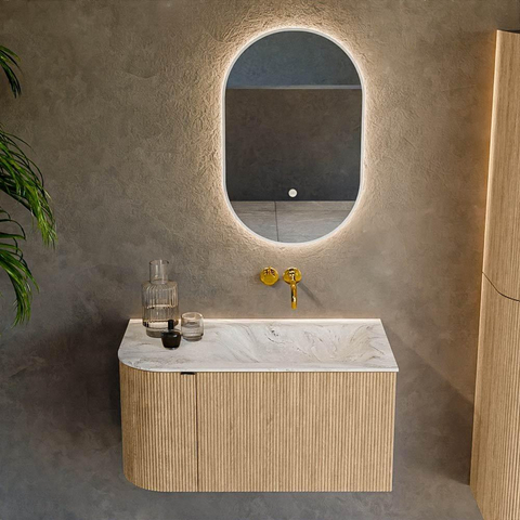 MONDIAZ KURVE-DLUX Meuble de salle de bains 85 cm avec module 25 L couleur Chêne avec 1 tiroir et 1 porte. Vasque CLOUD à droite sans trou de robinet couleur Glace. SW1137895