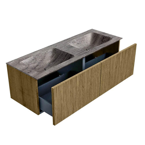 MONDIAZ KURVE-DLUX 130cm meuble de salle de bains couleur Dusk avec 2 tiroirs et 0 porte. Lavabo LEAF Double sans trou de robinet Oza. SW1433013