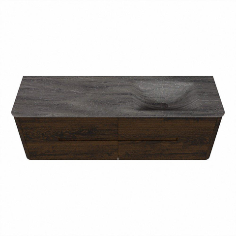 Mondiaz CIRO-DLUX Ensemble de meuble de salle de bains - 150x45x50cm - plan de toilette en solid surface Oza - 1 vasque à droite - sans trous de robinet - 4 tiroirs - Noyer SW1530647