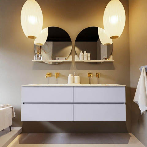 Mondiaz VICA-DLUX Ensemble meuble de salle de bains - 150cm - plan - 4 tiroirs - Lavabo encastré CLOUD - double sans trou de robinet - couleur Frappe - version XL 60cm de hauteur SW1189186