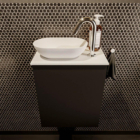 Mondiaz Fowy Meuble de toilette - 40x50x23cm - urban mat - 1 trou de robinet - lavabo à gauche - 1 porte - solid surface - plan MDF - lavabo : Blanc / Noir SW760831