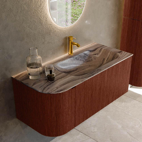 MONDIAZ KURVE-DLUX 105cm badmeubel ronding Links kleur Ruby met 1 lade en 1 deur. Wastafel BIG SMALL Rechts 1 kraangat Sombra. SW1433944