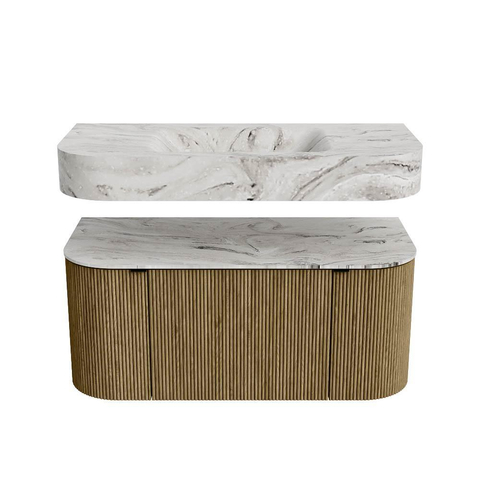 MONDIAZ THOR-DLUX 100cm meuble de salle de bains arrondi gauche + droite couleur Dusk avec 1 tiroir et 2 portes. Vasque suspendue CLOUD Milieu sans trou de robinet couleur Glace. SW1467400