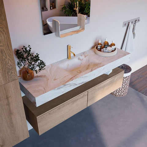 Mondiaz ALAN-DLUX Ensemble de meuble - 150cm - meuble Washed Oak mat - 2 tiroirs - Lavabo Cloud Frappe suspendu - vasque Centre - 1 trou de robinet SW808639