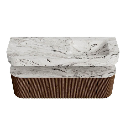MONDIAZ THOR-DLUX 140cm meuble de salle de bains arrondi gauche + droite couleur Walnut avec 1 tiroir et 2 portes. Vasque suspendue CLOUD droite 1 trou de robinet couleur Glace. SW1463942