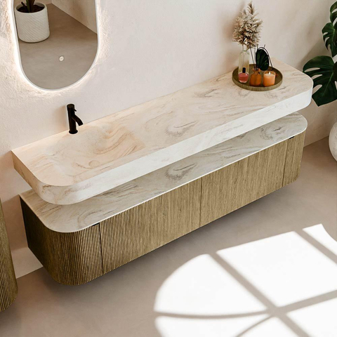 MONDIAZ THOR-DLUX Meuble de salle de bains 190cm arrondi gauche + droite couleur Dusk avec 2 tiroirs et 2 portes. Vasque suspendue CLOUD Gauche 1 trou de robinet couleur Ostra. SW1466493