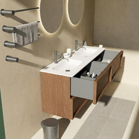 Saniclass Holz Frame Badkamermeubelset - 140x45x61.5cm - Flow solid surface wastafel wit - 2 wasbakken - 2 kraangaten - 4 lades - mat walnut pure (hout) SW1579791