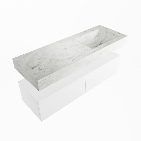 Mondiaz ALAN-DLUX Ensemble de meuble - 130cm - meuble Talc mat - 2 tiroirs - Lavabo Cloud Opalo suspendu - vasque Droite - 0 trous de robinet SW806488