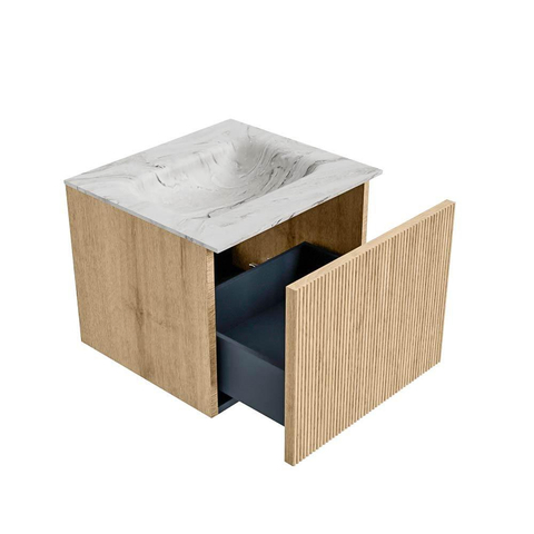 MONDIAZ KURVE-DLUX Meuble de salle de bains 50 cm couleur chêne avec 1 tiroir. Lavabo GRUNNE central 1 trou de robinet couleur Glace. SW1137916