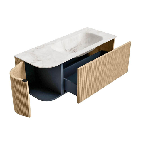 MONDIAZ KURVE-DLUX Meuble de salle de bains 115 cm avec module 25 L couleur Chêne avec 1 tiroir et 1 porte. Lavabo BIG SMALL à droite 1 trou de robinet couleur Frappe. SW1137335