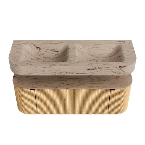 MONDIAZ THOR-DLUX 130cm meuble de salle de bains arrondi gauche + droite couleur Oak avec 1 tiroir et 2 portes. Vasque suspendue CLOUD Double sans trou de robinet couleur Arena. SW1463750