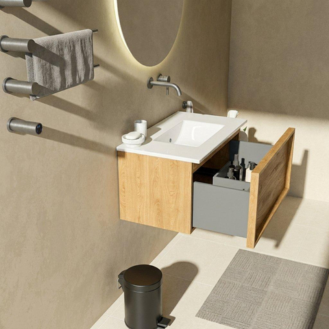 Saniclass Holz Frame Badkamermeubelset - 80x45x42cm - Vygo keramische wastafel wit - 1 wasbak - zonder kraangat - 1 lade - mat eiken natural (hout) SW1437763