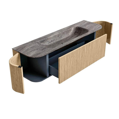 MONDIAZ KURVE-DLUX Meuble de salle de bains 160cm arrondi Gauche + Droite couleur Chêne avec 1 tiroir et 2 portes. Lavabo BIG MEDIUM Central sans trou de robinet Oza. SW1432642