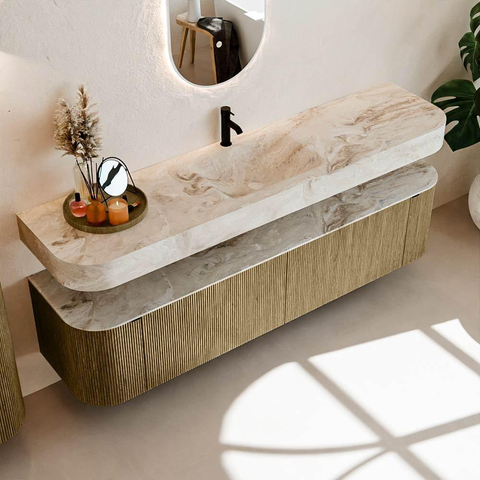 MONDIAZ THOR-DLUX 190cm meuble de salle de bains arrondi gauche + droite couleur Dusk avec 2 tiroirs et 2 portes. Vasque suspendue CLOUD Milieu 1 trou de robinet couleur Frappe. SW1466453