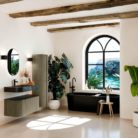 MONDIAZ THOR-DLUX 100cm meuble de salle de bains arrondi gauche + droite couleur Shadow avec 1 tiroir et 2 portes. Vasque suspendue CLOUD gauche 1 trou de robinet couleur Lava. SW1467517