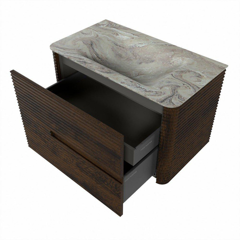 Mondiaz CIRO-DLUX Meuble de salle de bains - 80x45x50cm - Plan vasque solid surface Glace - 1 lavabo central - 1 trou de robinet - 2 tiroirs - Noyer SW1530219