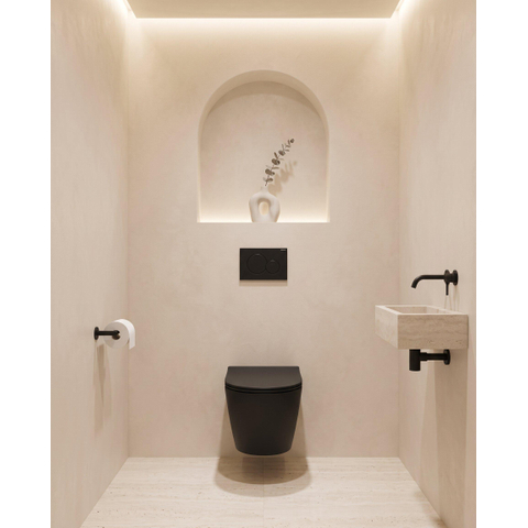 QeramiQ Dely Pack WC - 36.3x51.7cm - à fond creux - sans bride - réservoir encastré Geberit UP720 - abattant WC softclose 35 mm - plaque de déclenchement en laiton brossé - boutons rectangulaires - blanc brillant SW1428848