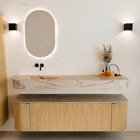 MONDIAZ THOR-DLUX 160cm meuble de salle de bains arrondi gauche + droite couleur Chêne avec 1 tiroir et 2 portes. Vasque suspendue CLOUD Gauche sans trou de robinet couleur Arena. SW1465138