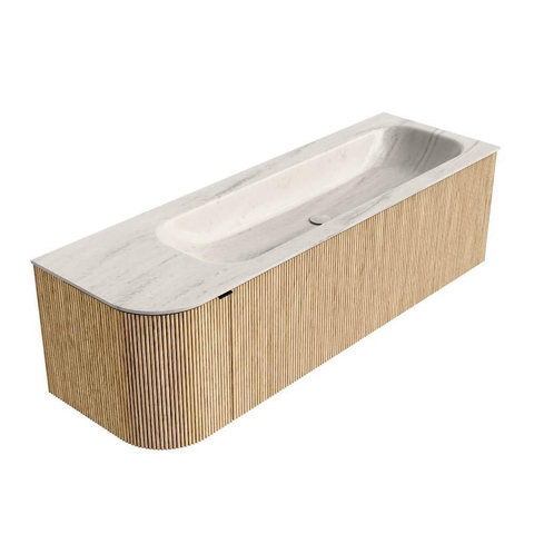 MONDIAZ KURVE-DLUX Meuble de salle de bains 145cm arrondi gauche couleur chêne avec 1 tiroir et 1 porte. Lavabo BIG LARGE droite 1 trou de robinet Meli. SW1431631