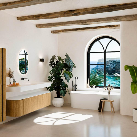 MONDIAZ THOR 180cm meuble de salle de bains arrondi gauche + droite couleur Oak avec 2 tiroirs et 2 portes. Vasque suspendue CLOUD Milieu sans trou de robinet couleur Talc. SW1465902