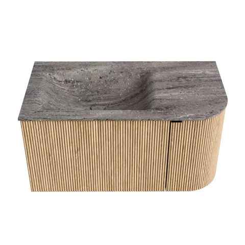 MONDIAZ KURVE-DLUX Meuble de salle de bains 85cm arrondi à droite couleur chêne avec 1 tiroir et 1 porte. Lavabo CLOUD gauche 1 trou de robinet Oza. SW1432621