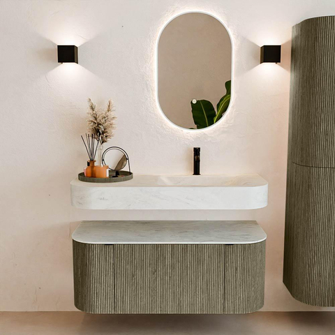 MONDIAZ THOR-DLUX 110cm badmeubel ronding links + rechts kleur Shadow met 1 lade en 2 deuren. Vrijhangende wastafel CLOUD Rechts 1 kraangat kleur Opalo. SW1462897