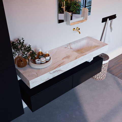 Mondiaz ALAN-DLUX Ensemble de meuble - 150cm - meuble Urban mat - 2 tiroirs - Lavabo Cloud Frappe suspendu - vasque Droite - 0 trous de robinet SW805551