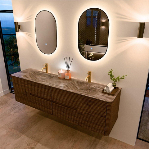 Mondiaz CIRO-DLUX Badkamermeubelset - 180x45x50cm - Solid surface wastafel Oza - 2 wasbak Dubbel - 2 kraangaten - 4 lades - Dusk SW1533308