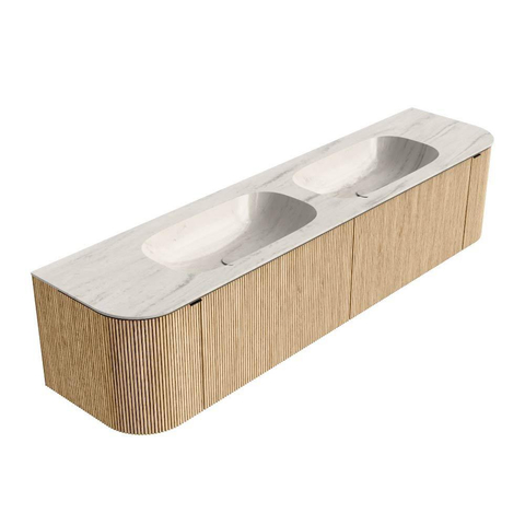 MONDIAZ KURVE-DLUX Meuble de salle de bains 190cm arrondi Gauche + Droite couleur Chêne avec 2 tiroirs et 2 portes. Lavabo STOR SMALL Double 2 trous de robinet Meli. SW1431644