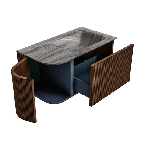 MONDIAZ KURVE-DLUX Meuble de salle de bains 85cm arrondi à gauche couleur Walnut avec 1 tiroir et 1 porte. Lavabo CLOUD à droite sans trou de robinet Sombra. SW1433629