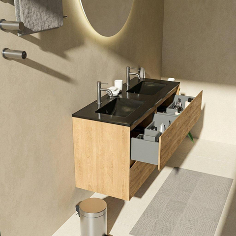 Saniclass Holz Pure Badkamermeubelset - 120x45x62cm - Vygo keramische wastafel zwart - 2 wasbakken - 2 kraangaten - 4 lades - mat eiken natural (hout) SW1478995
