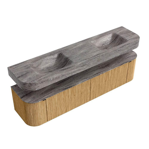MONDIAZ THOR-DLUX Meuble de salle de bains - 190cm - arrondi gauche + droite - couleur Oak - 2 tiroirs et 2 portes - Vasque suspendue CLOUD Double sans trou de robinet - couleur Oza SW1466787