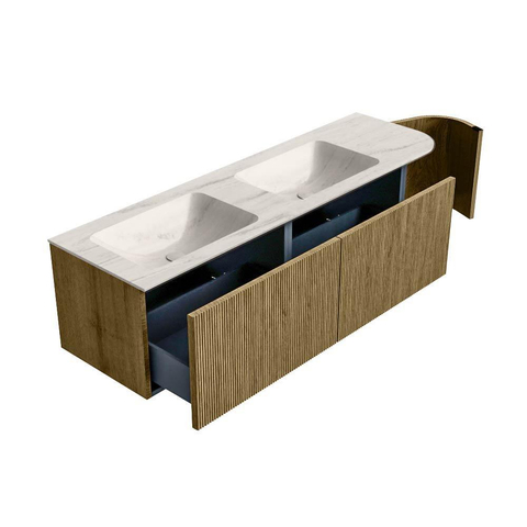 MONDIAZ KURVE-DLUX Meuble de salle de bains 155cm arrondi à droite couleur Dusk avec 2 tiroirs et 1 porte. Lavabo LEAF Double / Gauche 2 trous de robinet Meli. SW1431939