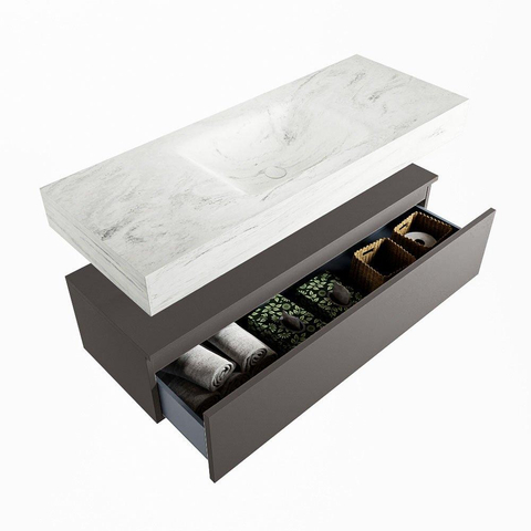 Mondiaz ALAN-DLUX Ensemble de meuble - 120cm - meuble Dark grey mat - 1 tiroir - Lavabo Cloud Opalo suspendu - vasque Centre - 0 trous de robinet SW806428