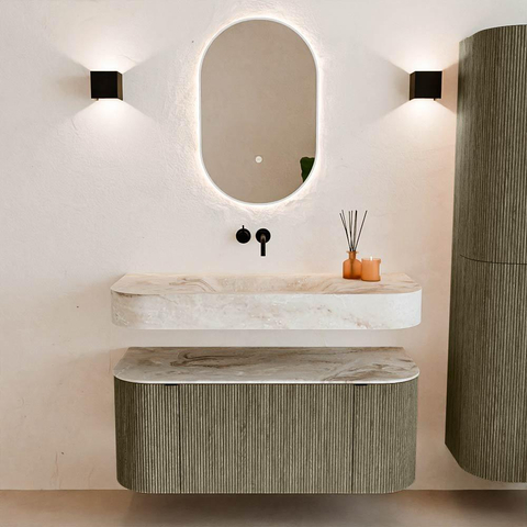 MONDIAZ THOR-DLUX 110cm meuble de salle de bains arrondi gauche + droite couleur Shadow avec 1 tiroir et 2 portes. Vasque suspendue CLOUD Milieu sans trou de robinet couleur Frappe. SW1462867