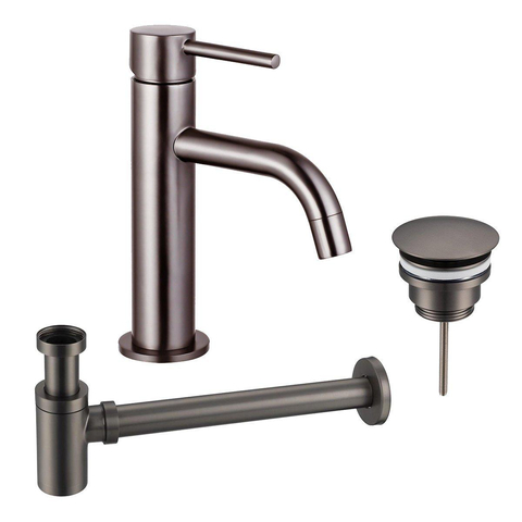 Fortifura Calvi Slim Wastafelkraanset - lage wastafelkraan - always open plug - verlaagde design - sifon - PVD - geborsteld gunmetal (antraciet) SW891948